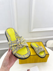 FENDI FLAT SLIPPER IN YELLOW MIX GREY MONOGRAM JACQUARD FABRIC WITH GOLD HARDWARE