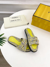 FENDI FLAT SLIPPER IN YELLOW MIX GREY MONOGRAM JACQUARD FABRIC WITH GOLD HARDWARE