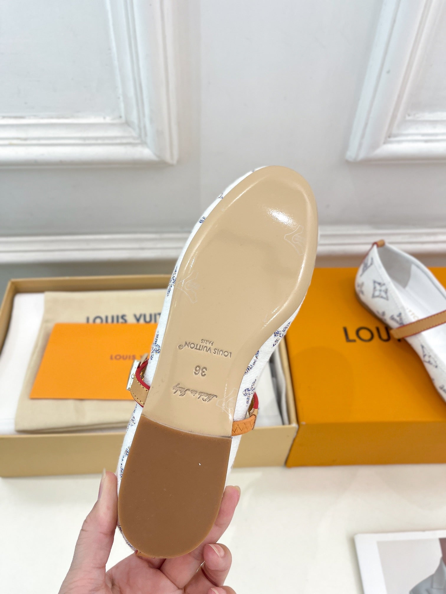 LV WOMEN ROMY FLAT BALLERINA IN WHITE MONOGRAM JACQUARD