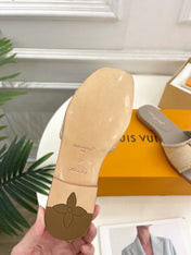 LV WOMEN CAPRI FLAT MULES IN TAN BROWN LEATHER AND RAFFIA
