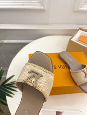 LV WOMEN CAPRI FLAT MULES IN TAN BROWN LEATHER AND RAFFIA