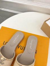 LV WOMEN CAPRI FLAT MULES IN TAN BROWN LEATHER AND RAFFIA