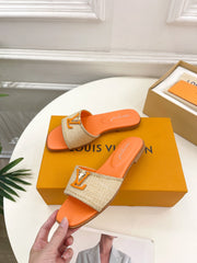 LV WOMEN CAPRI FLAT MULES IN TIGER ORANGE LEATHER AND RAFFIA