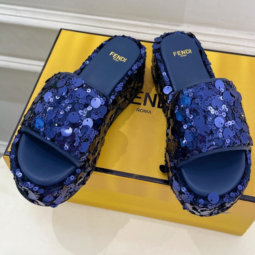 FENDI THICK SOLE 6 CM SEQUIN SLIPPER NAVY BLUE