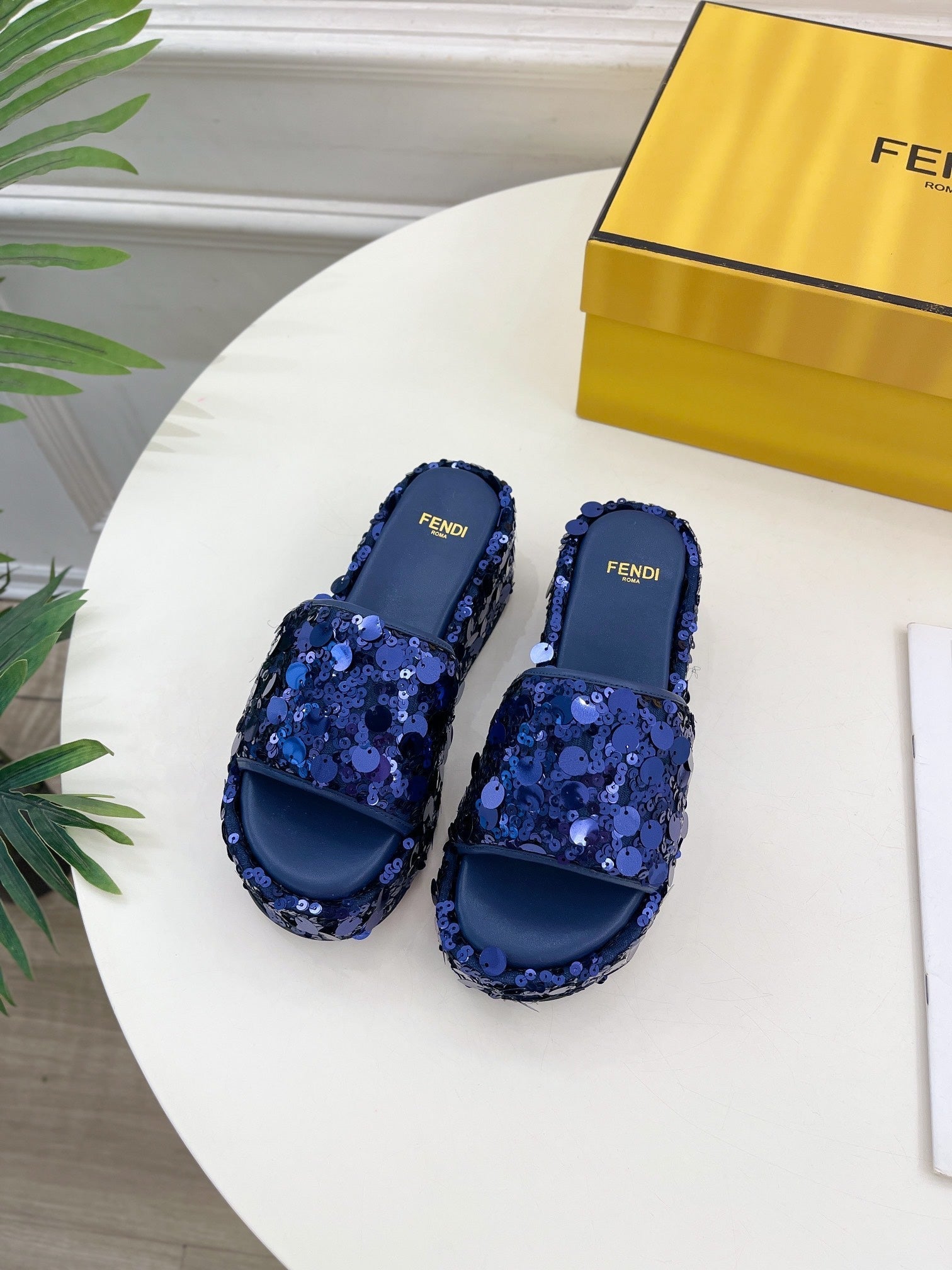 FENDI THICK SOLE 6 CM SEQUIN SLIPPER NAVY BLUE