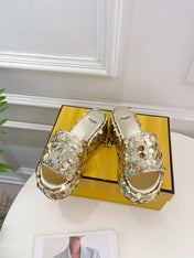 FENDI THICK SOLE 6 CM SEQUIN SLIPPER GOLD