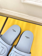 FENDI LOGO SLIDES IN BLUE POWDER CALFSKIN