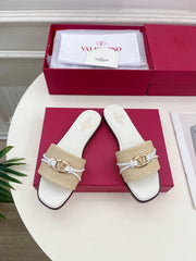GARAVANI V LOGO SIGNATURE SLIDE IN BEIGE RAFFIA AND WHITE CALFSKIN