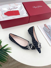 EFFLORESCENCE BALLERINAS IN BLACK TWEED WITH FINE WHITE STRIPES EMBELLISHED CRYSTALS