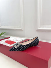 EFFLORESCENCE BALLERINAS IN BLACK TWEED WITH FINE WHITE STRIPES EMBELLISHED CRYSTALS