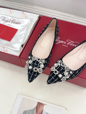 EFFLORESCENCE BALLERINAS IN BLACK TWEED WITH FINE WHITE STRIPES EMBELLISHED CRYSTALS