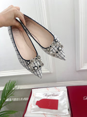 EFFLORESCENCE BALLERINAS IN WHITE TWEED WITH FINE BLACK STRIPES EMBELLISHED CRYSTALS