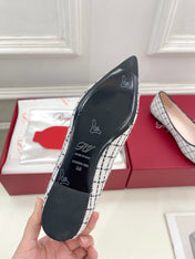 EFFLORESCENCE BALLERINAS IN WHITE TWEED WITH FINE BLACK STRIPES EMBELLISHED CRYSTALS