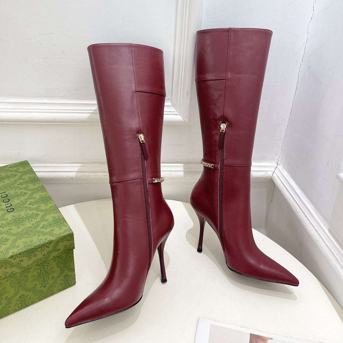 SIGNORIA KNEE BOOTS 10.5CM IN BURGUNDY RED CALFSKIN