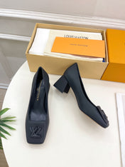 SHAKE PUMP BLOCK HEEL 5.5 CM SANDALS IN BLACK PEPPLE CALFSKIN