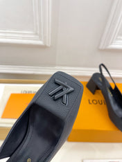 SHAKE SQUARE-TOE BLOCK HEEL 5.5 CM SANDALS IN BLACK PEPPLE CALFSKIN