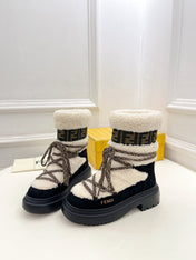 FENDI BOOTS 50MM IN BLACK AND BEIGE SHEARLING AND SUEDE
