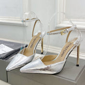 HIGH SLINGBACKS 10 CM IN SILVER SNAKE-PATTERN CALFSKIN