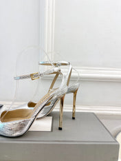 HIGH SLINGBACKS 10 CM IN SILVER SNAKE-PATTERN CALFSKIN