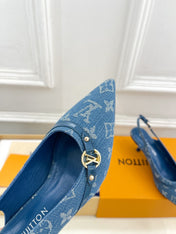 HIGH SLINGBACKS 5 CM IN CLASSIC BLUE MONOGRAM DENIM FABRIC