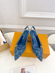 HIGH SLINGBACKS 5 CM IN CLASSIC BLUE MONOGRAM DENIM FABRIC
