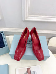 SQUARE TOE HIGH PUMPS IN CRIMSON RED GLOSSY CALFSKIN