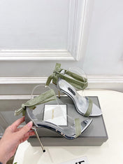 TOM FORD 26S HIGH-HEELED SANDALS 105 MM IN LIGHT GREEN FABRIC AND SILVER CALFSKIN