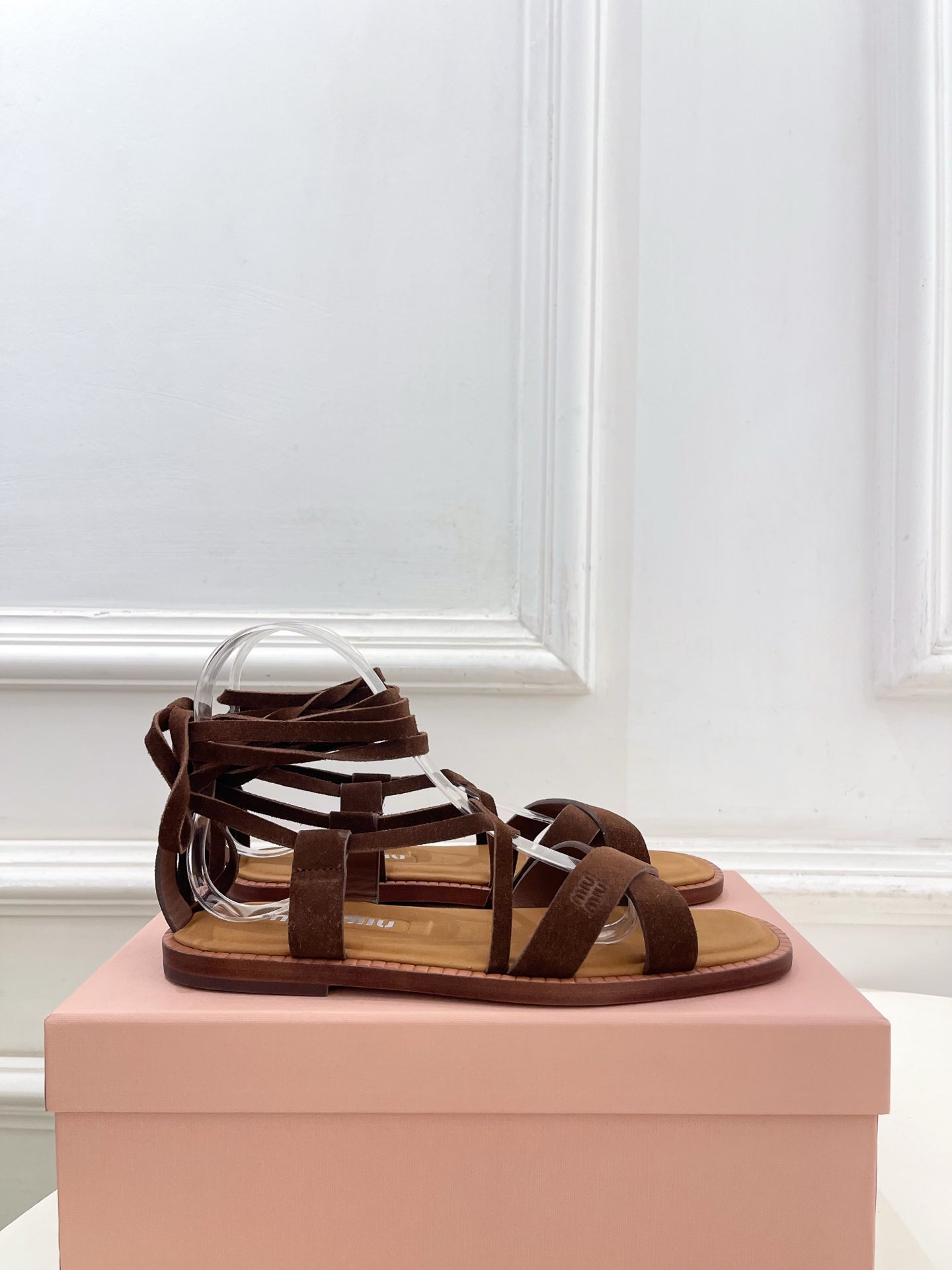 MIUMIU 26S LACE-UP SANDALS IN DARK BROWN SUEDE