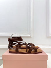 MIUMIU 26S LACE-UP SANDALS IN DARK BROWN SUEDE
