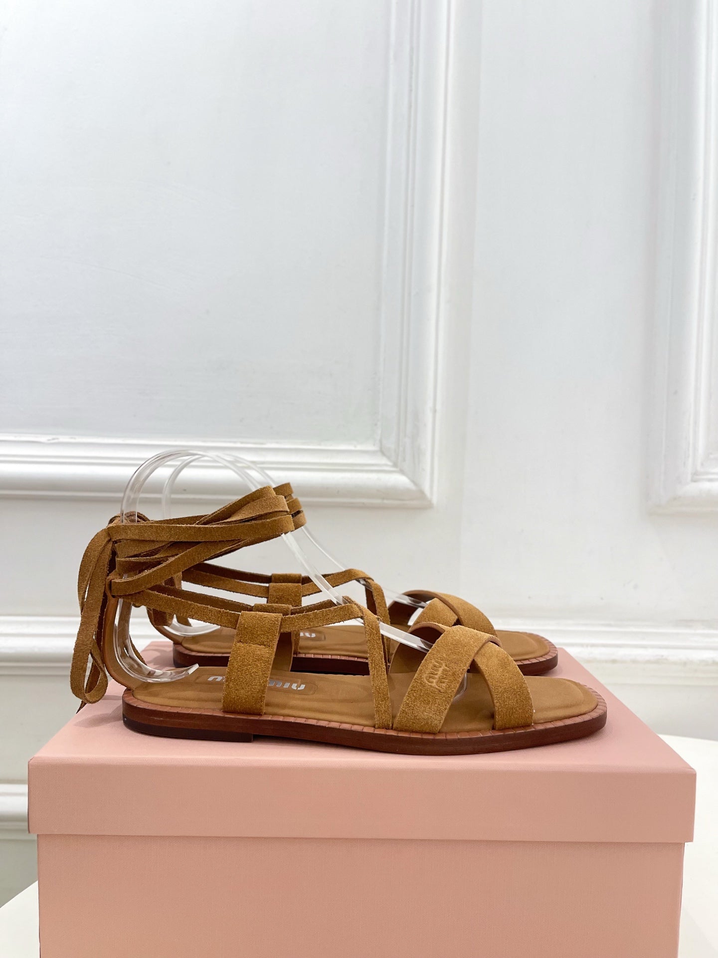 MIUMIU 26S LACE-UP SANDALS IN CARAMEL BROWN SUEDE