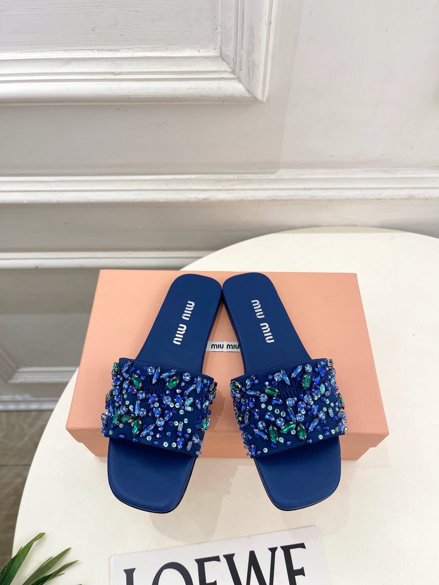 MIUMIU 26S SLIDES IN ROYAL BLUE SATIN CRYSTAL EMBELLISHED