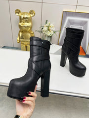 SL ANKLE BUCKLE BOOT PLATFORM BLACK SMOOTH CALFSKIN