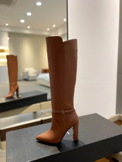 YSL 25S HIGH-HEEL KNEE-HIGH BOOTS 95 MM IN RUST BROWN LAMBSKIN