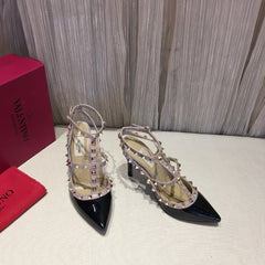 ROCKSTUD CAGED HIGH PUMP IN BLACK MIX LIGHT PINK PATENT CALFSKIN 100 MM