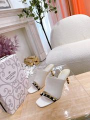 ROCKSTUD TOWER-HEEL MULES IN WHITE CALFSKIN 7 CM