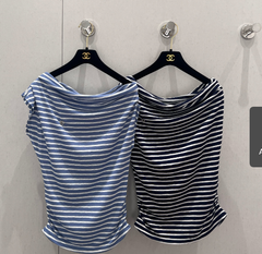 CC 25 Striped One-shoulder Short-sleeved T-shirt Cotton
