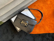 GG 1955 Horsebit Bag 25cm Black Crocodile Leather Gold Hardware