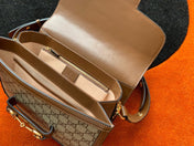 GG 1955 Horsebit Bag 25cm Brown Leather Beige Canvas Gold Hardware