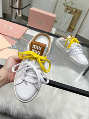 SNEAKER MULES IN WHITE MIX BROWN CALFSKIN WHITE  YELLOW LACES