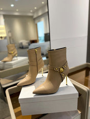 BALMAIN 26S STILETTO HEEL BOOTS 95 MM IN DARK BEIGE CALFSKIN
