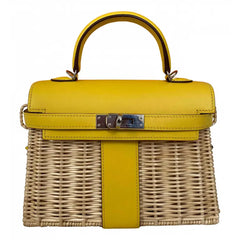 KELLY 20CM JAUNE DE NAPLES SWIFT IN YELLOW LEATHER AND WICKER SILVER HARDWARE